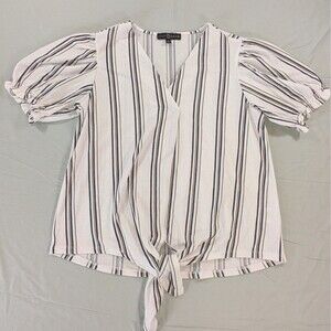 Fred David white, Black, Green Stripe Blouse Size Medium  short sleeve